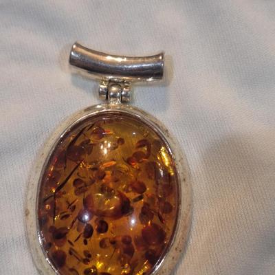Sale Photo Thumbnail #1007: earrings and pendant with amber and silver tone