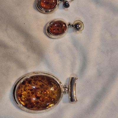 Sale Photo Thumbnail #1005: earrings and pendant with amber and silver tone
