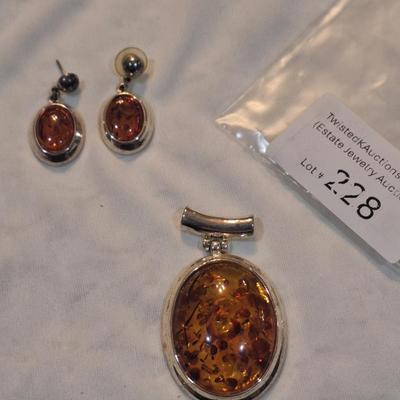 Sale Photo Thumbnail #1004: earrings and pendant with amber and silver tone