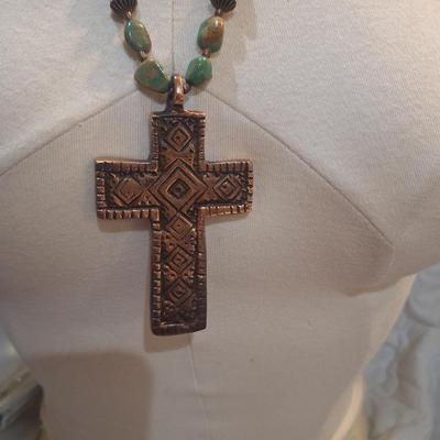Sale Photo Thumbnail #1035: necklace and earring set- cross pendant and multicolored stones