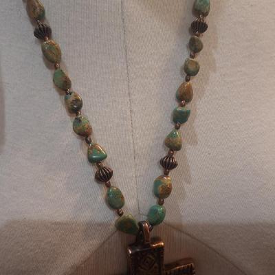 Sale Photo Thumbnail #1036: necklace and earring set- cross pendant and multicolored stones