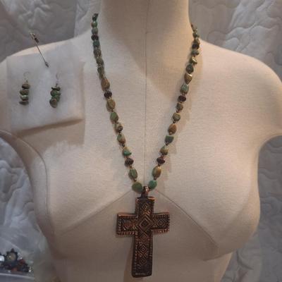 Sale Photo Thumbnail #1034: necklace and earring set- cross pendant and multicolored stones
