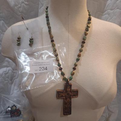 Sale Photo Thumbnail #1033: necklace and earring set- cross pendant and multicolored stones