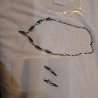 Sale Photo Thumbnail #1039: choker necklace with matching earrings, green glass and rhinestones