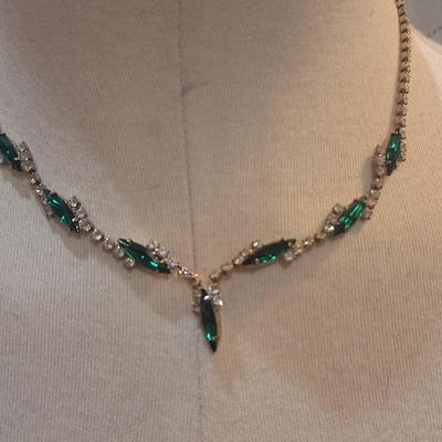 Sale Photo Thumbnail #1042: choker necklace with matching earrings, green glass and rhinestones