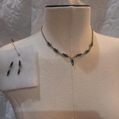 Sale Photo Thumbnail #1040: choker necklace with matching earrings, green glass and rhinestones