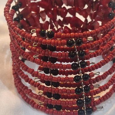 Sale Photo Thumbnail #1262: multistrand bracelet with seed beads and rock chips- red