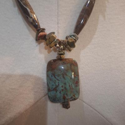 Sale Photo Thumbnail #1306: necklace with blues and brown stones- rectangular pendant