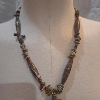 Sale Photo Thumbnail #1307: necklace with blues and brown stones- rectangular pendant