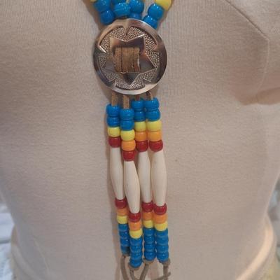 Sale Photo Thumbnail #1366: Beaded necklace - native American regalia style with concho and colorful beads