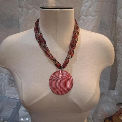 Sale Photo Thumbnail #1413: beaded necklace with large statement pendant- pinks and reds