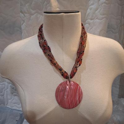 Sale Photo Thumbnail #1414: beaded necklace with large statement pendant- pinks and reds