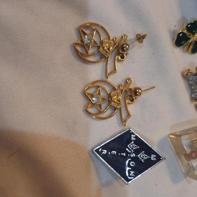 Sale Photo Thumbnail #1445: Earrings, pins and other misc. free mason items.