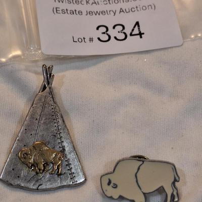 Sale Photo Thumbnail #1452: Native American Label pins- teepee, Buffalo and