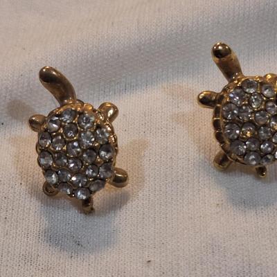 Sale Photo Thumbnail #1466: Turtle earrings - gold tone and rhinestones