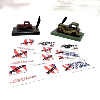 Two Unique wooden desk mount car / pen stand and set of 3 vintage NSRA - National Street Rod Assoc. stickers - Vinyl Decals -