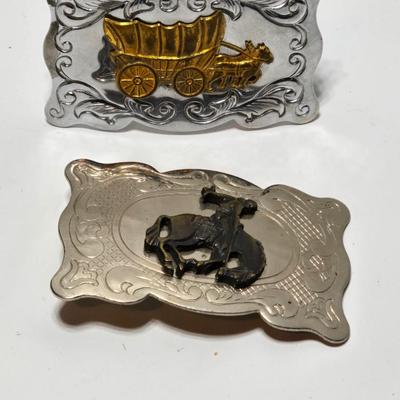 Set of 2 western belt buckles - Bucking Bronc, Wyoming belt buckle = Covered Wagon Belt Buckle Cowboy Pioneer Western Wear Old West