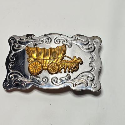 Set of 2 western belt buckles - Bucking Bronc, Wyoming belt buckle = Covered Wagon Belt Buckle Cowboy Pioneer Western Wear Old West