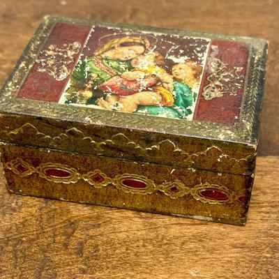 Sale Photo Thumbnail #496: Top is decorated with a religious motif, wear adds to the charm.  Made in Italy.