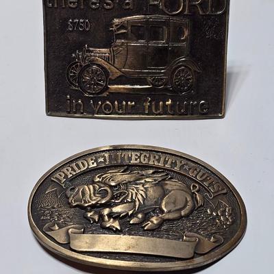 2 Belt buckles - Vintage Boar Hog Pride, Integrity & Guts with Ribbon Solid Brass Buckle & Vintage Ford “There’s A Ford in Your...
