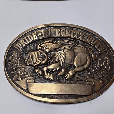 2 Belt buckles - Vintage Boar Hog Pride, Integrity & Guts with Ribbon Solid Brass Buckle & Vintage Ford “There’s A Ford in Your...