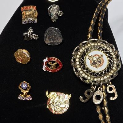 Vintage Moose Lodge hat pins with bolo tie with unique gold color coin back - Annual pins - Award pins - Collectibles