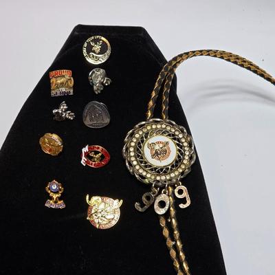 Vintage Moose Lodge hat pins with bolo tie with unique gold color coin back - Annual pins - Award pins - Collectibles