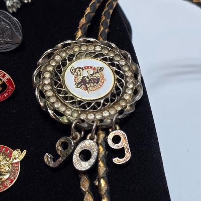 Vintage Moose Lodge hat pins with bolo tie with unique gold color coin back - Annual pins - Award pins - Collectibles
