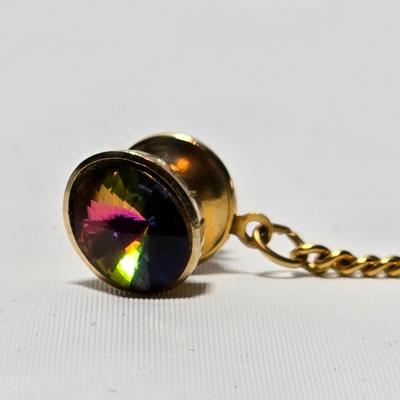 Vintage 1960's Watermelon Rivoli Tie Tac Rhinestone Gold Heliotrope - Tie tac duo -