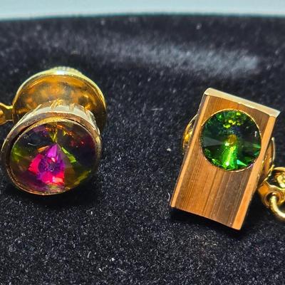 Vintage 1960's Watermelon Rivoli Tie Tac Rhinestone Gold Heliotrope - Tie tac duo -