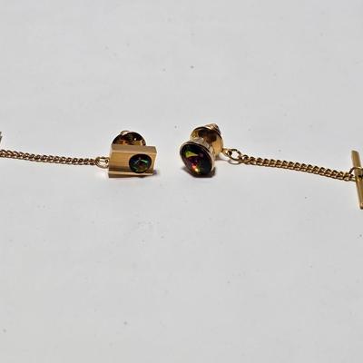 Vintage 1960's Watermelon Rivoli Tie Tac Rhinestone Gold Heliotrope - Tie tac duo -