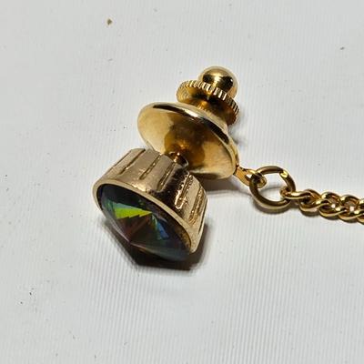 Vintage 1960's Watermelon Rivoli Tie Tac Rhinestone Gold Heliotrope - Tie tac duo -