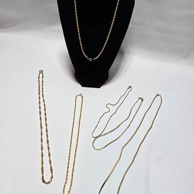 Six gold toned necklace chains - braided and thick chain