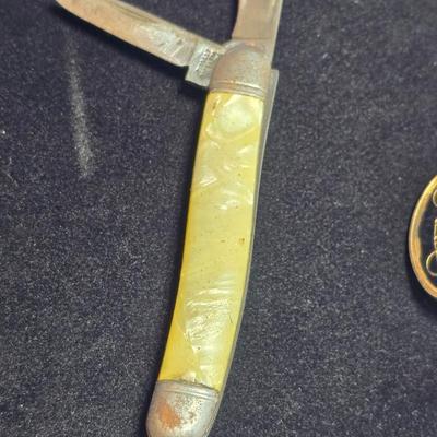 Vintage tie bar - enamel bicycle tandem - Pocket Knife - and a retractable cable / chain key ring