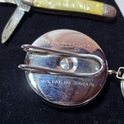 Vintage tie bar - enamel bicycle tandem - Pocket Knife - and a retractable cable / chain key ring