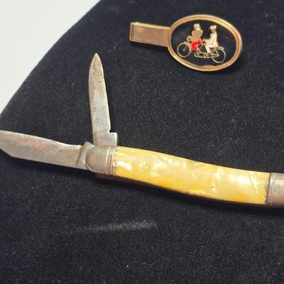 Vintage tie bar - enamel bicycle tandem - Pocket Knife - and a retractable cable / chain key ring