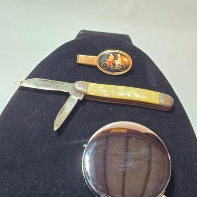 Vintage tie bar - enamel bicycle tandem - Pocket Knife - and a retractable cable / chain key ring