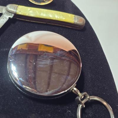 Vintage tie bar - enamel bicycle tandem - Pocket Knife - and a retractable cable / chain key ring