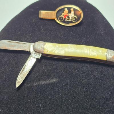 Vintage tie bar - enamel bicycle tandem - Pocket Knife - and a retractable cable / chain key ring