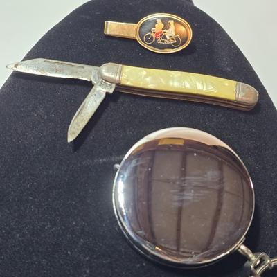 Vintage tie bar - enamel bicycle tandem - Pocket Knife - and a retractable cable / chain key ring