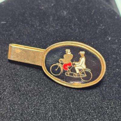 Vintage tie bar - enamel bicycle tandem - Pocket Knife - and a retractable cable / chain key ring