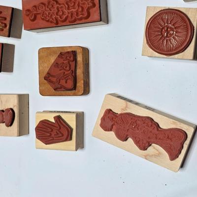 Mounted wood block stamps - large assortment - crafting stamps - Sun, leaves, grateful dead bear, dog and large variety