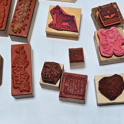 Mounted wood block stamps - large assortment - crafting stamps - Sun, leaves, grateful dead bear, dog and large variety