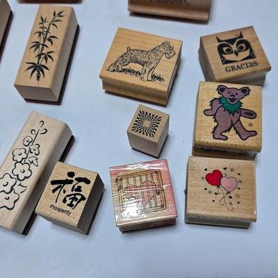 Mounted wood block stamps - large assortment - crafting stamps - Sun, leaves, grateful dead bear, dog and large variety