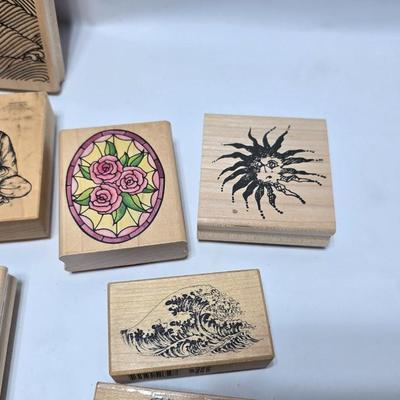 Mounted wood block stamps - large assortment - crafting stamps - Sun, leaves, grateful dead bear, dog and large variety