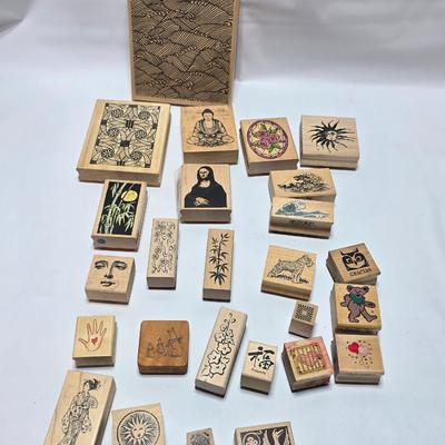 Mounted wood block stamps - large assortment - crafting stamps - Sun, leaves, grateful dead bear, dog and large variety