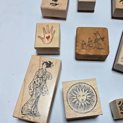 Mounted wood block stamps - large assortment - crafting stamps - Sun, leaves, grateful dead bear, dog and large variety