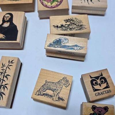 Mounted wood block stamps - large assortment - crafting stamps - Sun, leaves, grateful dead bear, dog and large variety