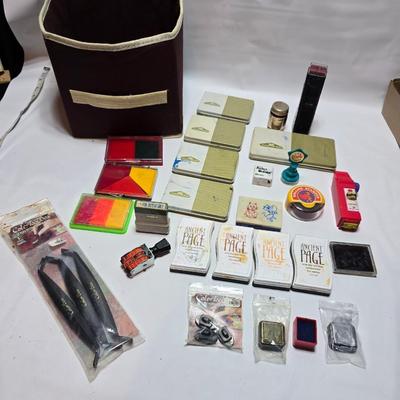 Stamping craft - Stamp Ink pads in an assortment of colors and sizes - stamping tools - and a few rubber stamps with canvas box