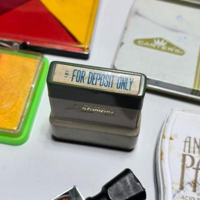 Stamping craft - Stamp Ink pads in an assortment of colors and sizes - stamping tools - and a few rubber stamps with canvas box